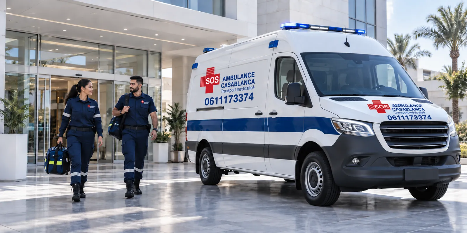 Une ambulance d’Ambulance Casablanca et son équipe devant un établissement de soins