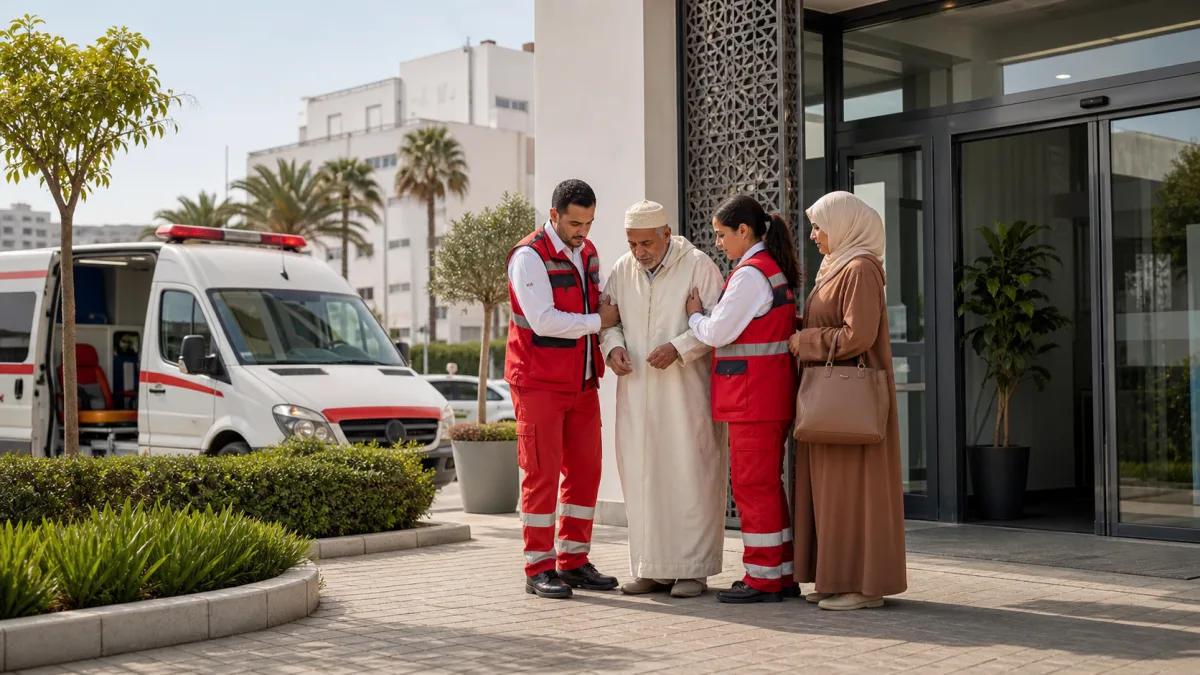 Ambulance marocaine devant une clinique pour transport sanitaire à Casablanca