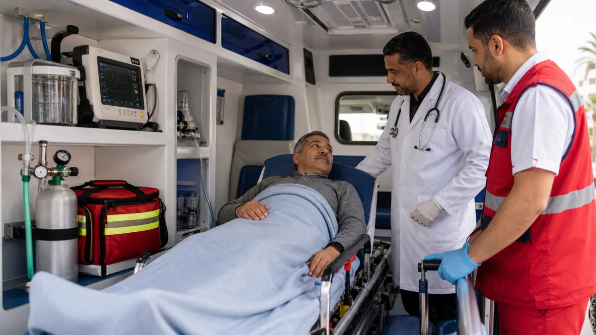 Intérieur d’ambulance médicalisée préparée pour un patient à Casablanca