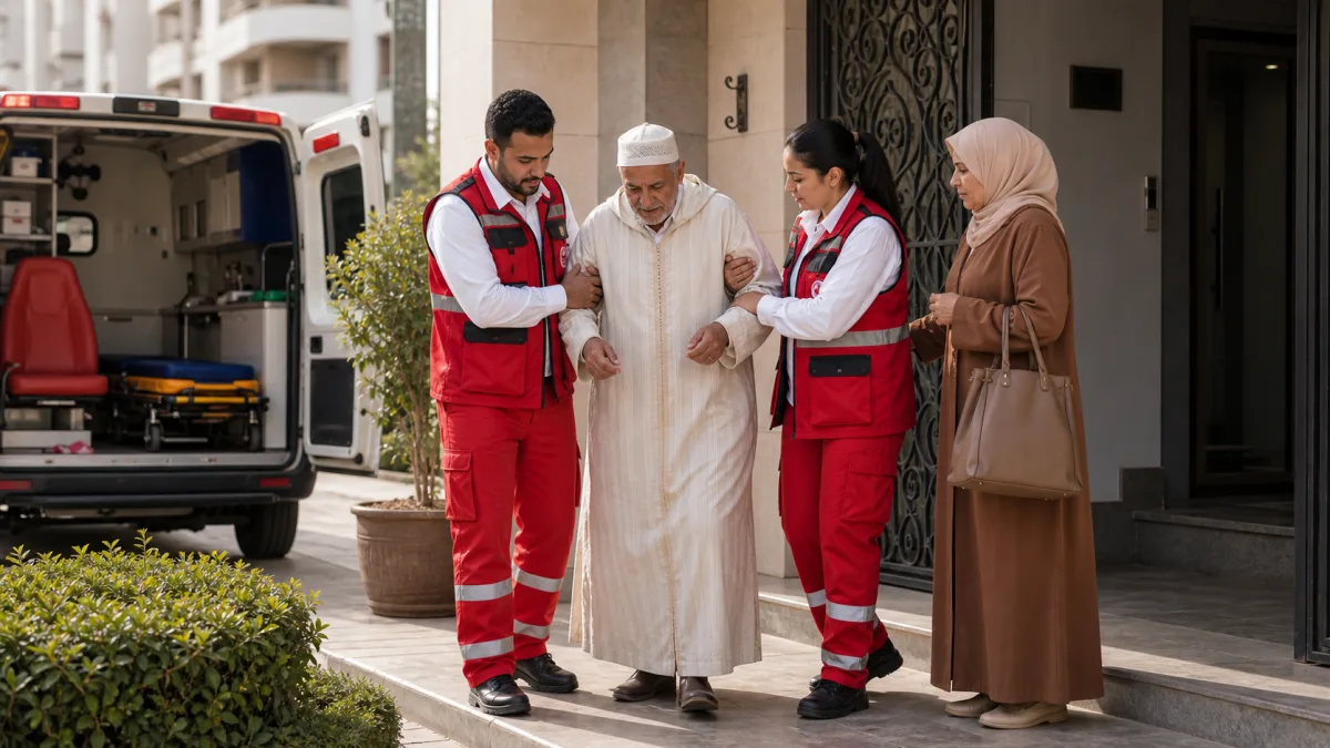 Patient marocain accompagné par deux personnes pour un transport sanitaire à Casablanca