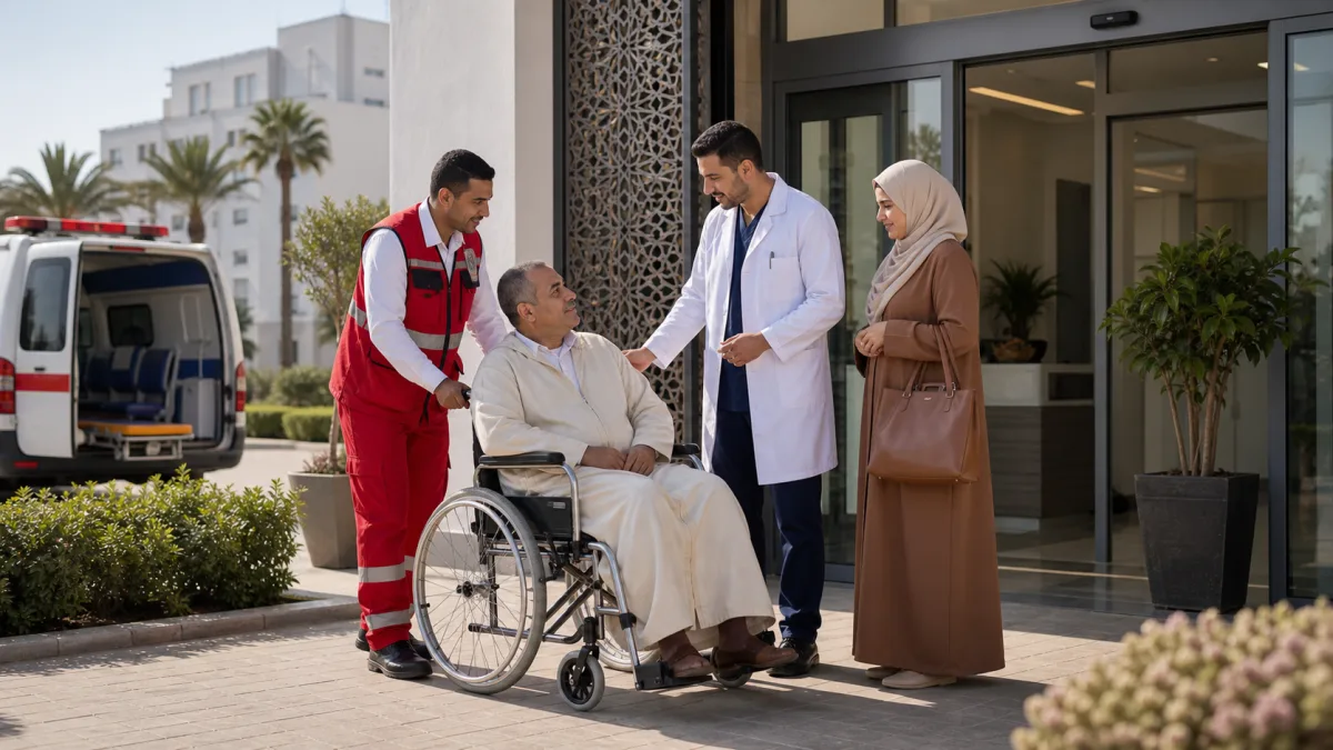 Patient marocain accompagné en fauteuil roulant devant une clinique à Casablanca
