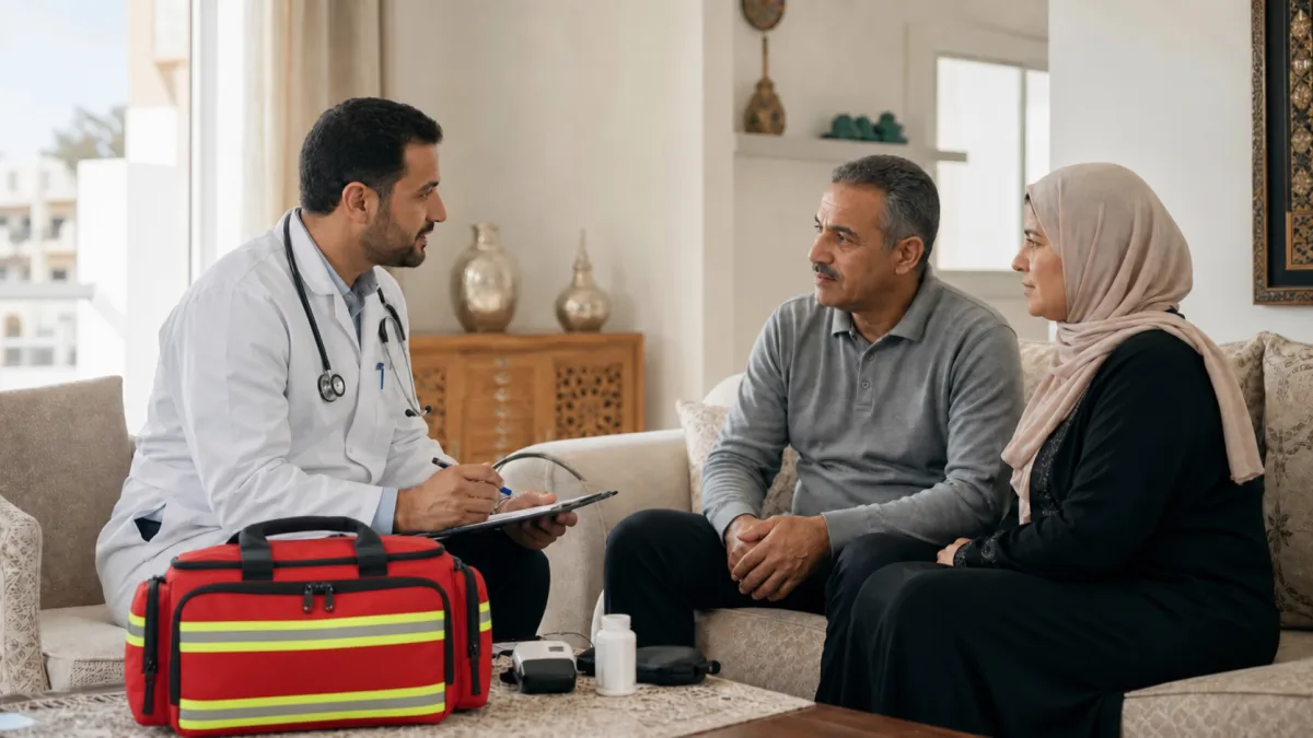 Médecin marocain avec sac médical rouge et jaune pour visite à domicile