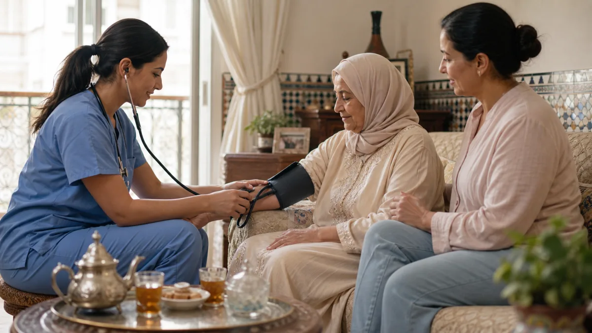 Infirmière marocaine accompagnant une patiente à domicile à Casablanca